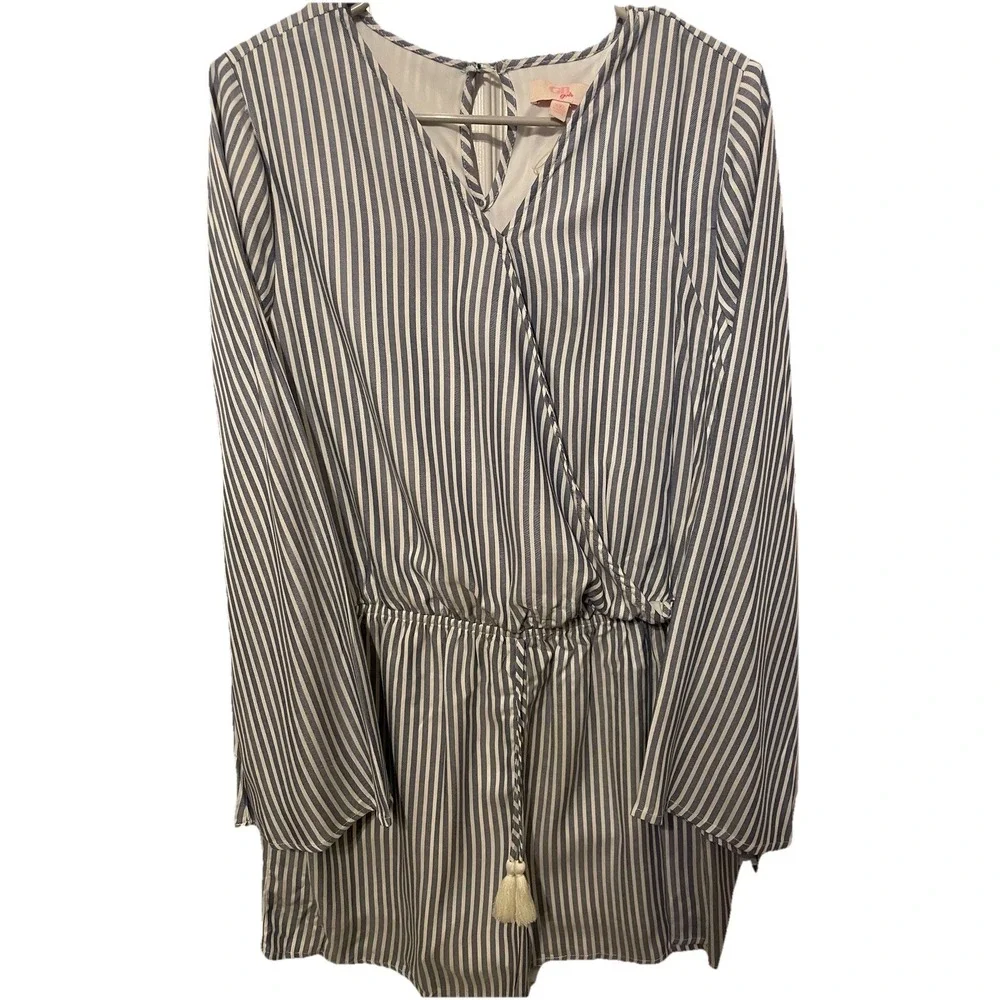 GB Girls XXL Blue White Striped Romper‎ Boho Tassel Tie Bell Sleeve NWT